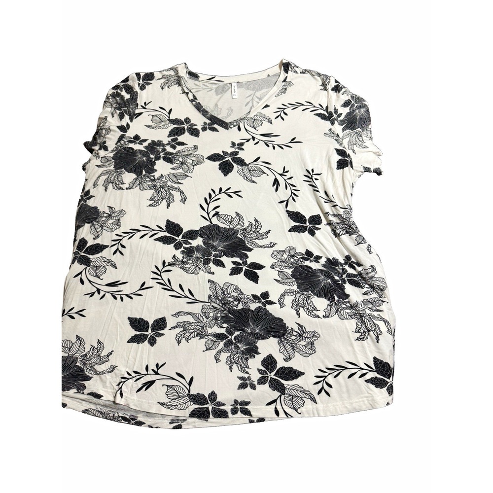 Tencede 2XL White Black Floral V-Neck Short Sleeve Tunic Top Soft Rayon Plus Siz